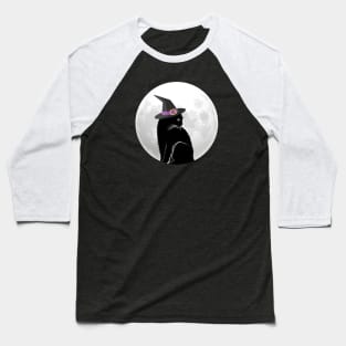 Black Witch Cat and Full Moon Baseball T-Shirt